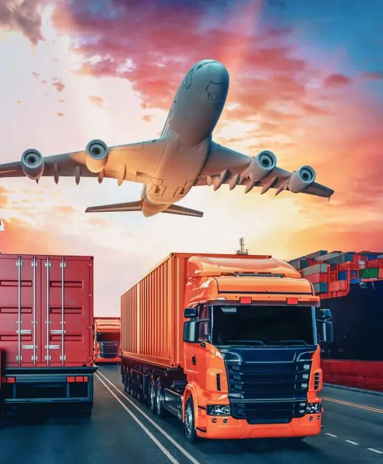 Air freight aircraft departing above a logistics truck carrying a shipping container
